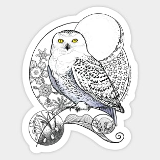 Snowy Owl Doodle in a blue wintery scene Sticker